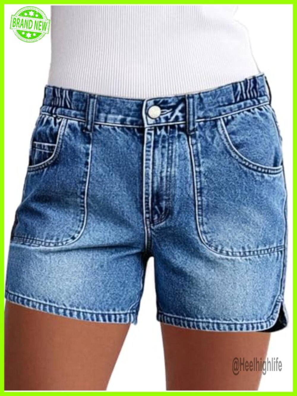 Mid Waist Jean Shorts Split Hem Cotton Blend Thigh Length Summer